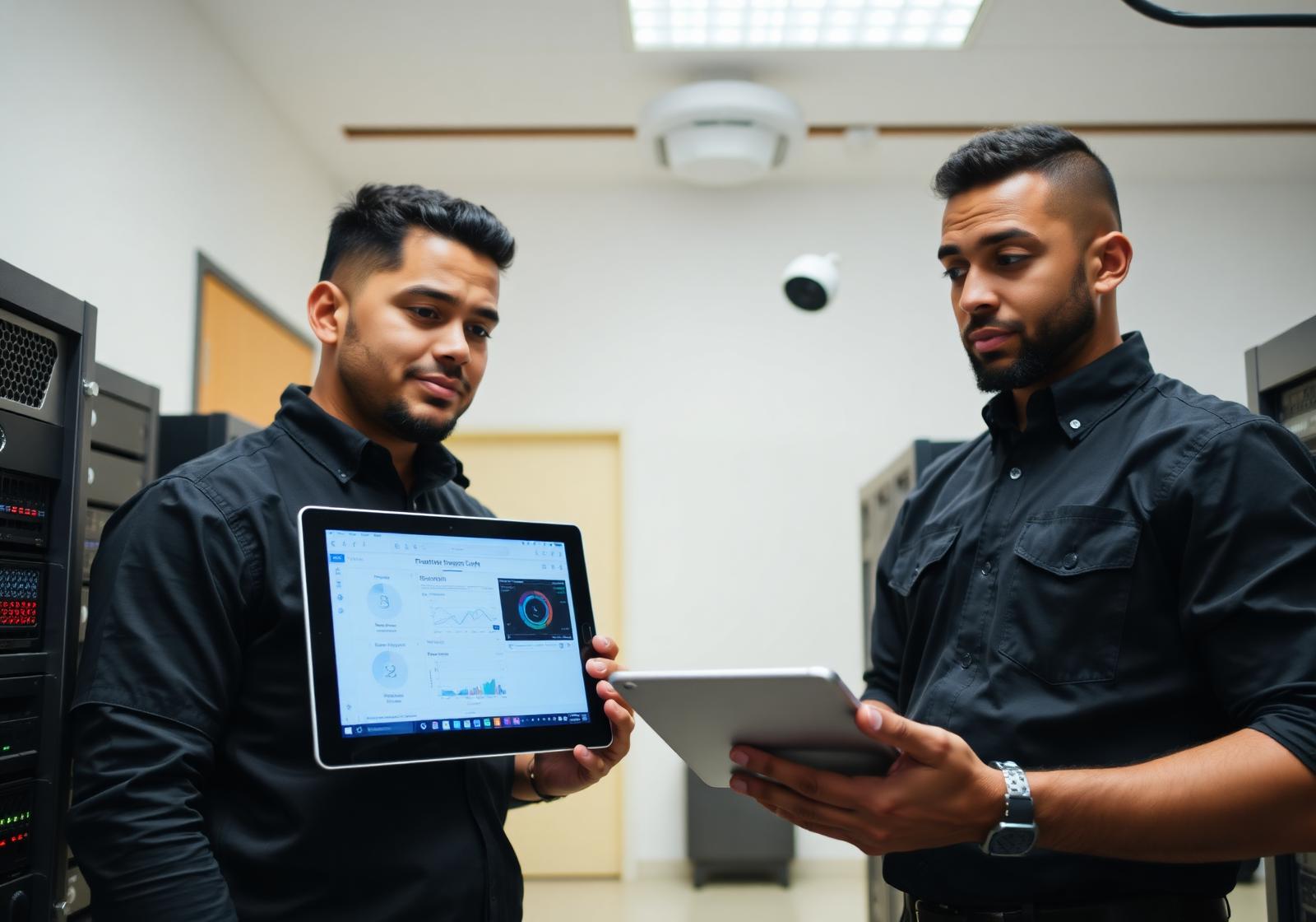 FredericRepair technicians configuring NAS storage and CCTV dashboards for a business